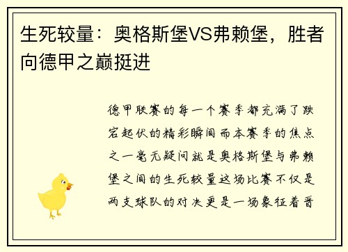 生死较量：奥格斯堡VS弗赖堡，胜者向德甲之巅挺进